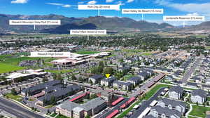 Aerial overview of property's location featuring mountains