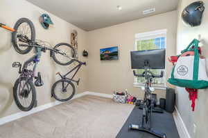 Workout area featuring carpet and baseboards