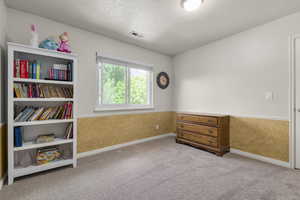 Sitting room with carpet floors, wainscoting, a textured ceiling, and baseboards