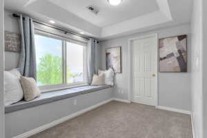Living area featuring carpet, a tray ceiling, and baseboards