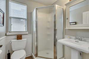 Bathroom with a stall shower, wainscoting, toilet, and a sink