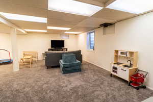 Carpeted living area with a sink and a paneled ceiling