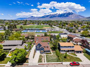 Aerial view of residential area with a mountainous background