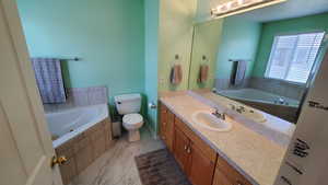 Bathroom featuring a jetted tub, vanity, and toilet