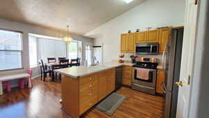 Kitchen featuring stainless steel appliances, a sink, vaulted ceiling, a peninsula, and wood-style floors