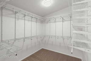 Spacious closet featuring carpet floors and lofted ceiling