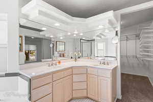 Full bathroom featuring double vanity, a stall shower, a walk in closet, and recessed lighting