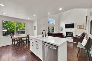Kitchen with dishwasher, a sink, a glass covered fireplace, plenty of natural light, and recessed lighting
