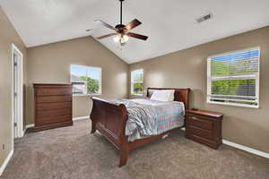 Carpeted master bedroom with multiple windows, baseboards, vaulted ceiling, and ceiling fan