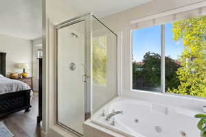 Full bath with connected bathroom, plenty of natural light, and a shower stall