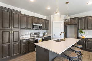 Kitchen with stainless steel appliances, a sink, light wood-type flooring, light countertops, and dark brown cabinetry