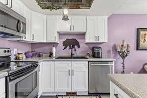 Kitchen with appliances with stainless steel finishes, a sink, white cabinetry, and light countertops