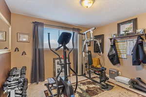 Exercise area featuring light colored carpet, a textured ceiling, and baseboards
