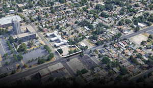 Aerial overview of property's location with property parcel outlined