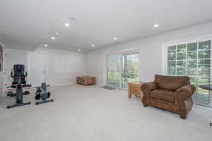Workout room with carpet, recessed lighting, and baseboards