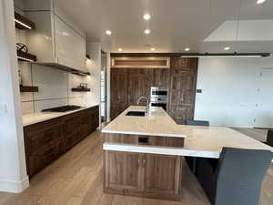 Kitchen featuring modern cabinets, a sink, open shelves, tasteful backsplash, and a spacious island