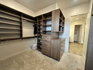 Spacious closet with light carpet