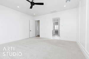 Unfurnished bedroom with carpet flooring, recessed lighting, baseboards, and a ceiling fan