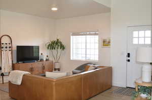 Living room with light wood-type flooring and recessed lighting
