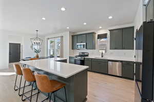 Kitchen with stainless steel appliances, plenty of natural light, a sink, a kitchen island, and recessed lighting