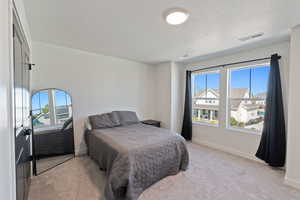 Bedroom featuring multiple windows, light carpet, a textured ceiling, and baseboards
