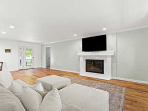 Living room featuring light wood-type flooring, crown molding, recessed lighting, a glass covered fireplace, and baseboards