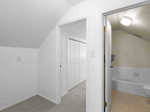 Additional living space with vaulted ceiling, a textured ceiling, carpet, and baseboards