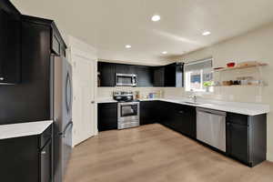 Kitchen with appliances with stainless steel finishes, dark cabinetry, a sink, and recessed lighting