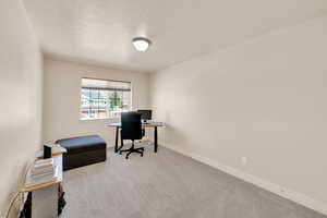 Carpeted office featuring baseboards and a textured ceiling