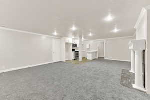 Finished basement featuring light colored carpet, crown molding, and baseboards