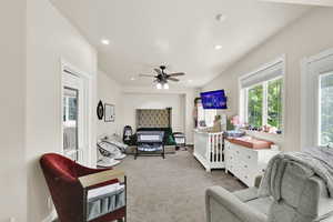 Living room with carpet flooring, recessed lighting, ceiling fan, and baseboards