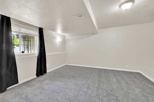 Carpeted empty room with a textured ceiling and baseboards