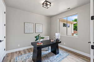 Office featuring wood finished floors and baseboards