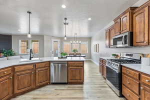 Kitchen with stainless steel appliances, a sink, light wood finished floors, light countertops, and recessed lighting
