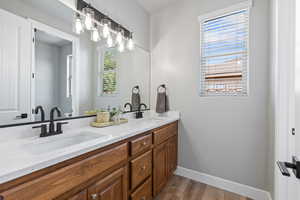 Bathroom featuring wood finished floors, baseboards, and double vanity