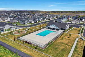 Aerial view of residential area with a pool area