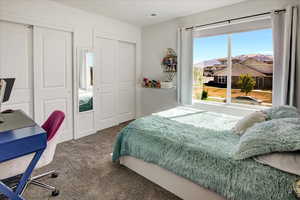 Carpeted bedroom with multiple closets