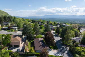 Aerial perspective of suburban area with a mountain backdrop