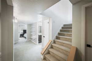 Stairway with carpet floors, a textured ceiling, baseboards, and built in features