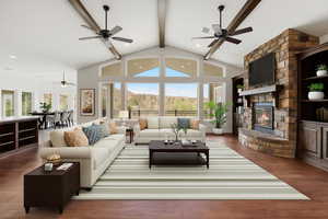 Living area featuring beamed ceiling, wood finished floors, a fireplace, high vaulted ceiling, and a ceiling fan