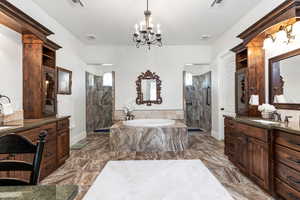 Bathroom with a garden tub, a marble finish shower, vanity, and healthy amount of natural light