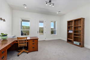 Office space featuring light carpet and recessed lighting