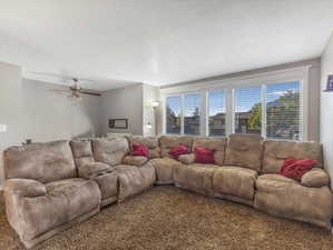 Carpeted living room with plenty of natural light, ceiling fan, and a textured ceiling
