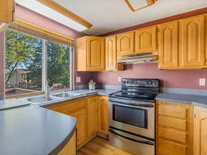 Kitchen with stainless steel range with electric stovetop, under cabinet range hood, a sink, and light wood-type flooring