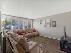 Living area featuring carpet flooring and baseboards