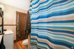 Full bathroom with toilet, a shower with curtain, wood finished floors, and vanity