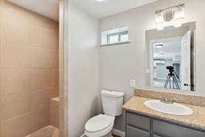 Full bathroom featuring toilet, a tile shower, and vanity