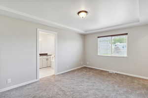 Unfurnished room featuring light carpet, a raised ceiling, and baseboards