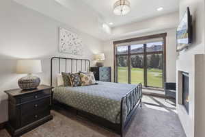 Bedroom with a glass covered fireplace and carpet flooring