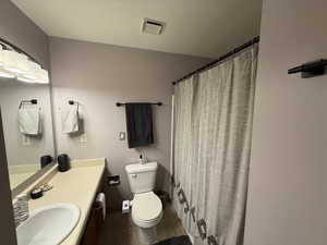 Full bathroom with tile patterned floors, toilet, vanity, and a shower with shower curtain
